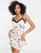 Miss Selfridge Lace Trim Satin Mini Dress In Butterfly Print-pink