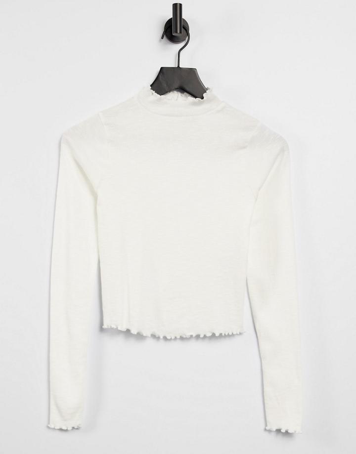 Asos Design Turtle Neck Crop Top With Lettuce Edge In White