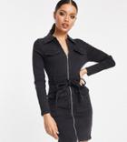 Parisian Petite Zip Through Denim Dress In Charcoal-grey