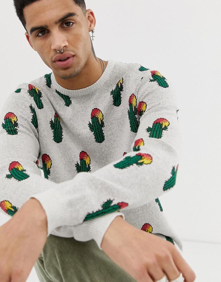 Asos Design Knitted Sweater With Cactus Design-multi