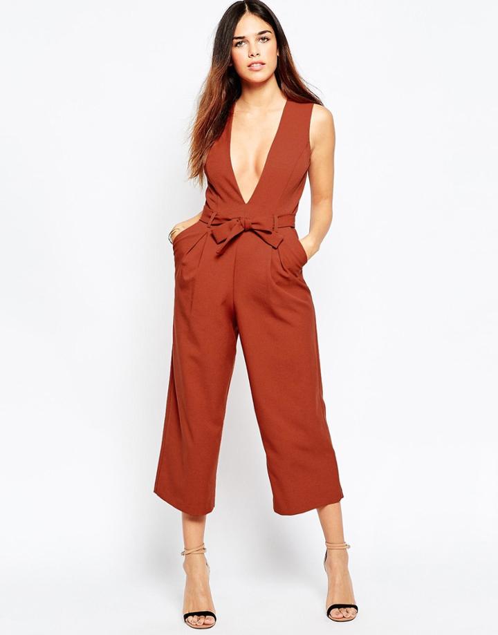 Asos Plunge Jumpsuit With Midi Leg - Burnt Orange