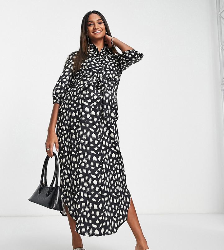 Little Mistress Maternity Maxi Shirt Dress In Smudge Print-black