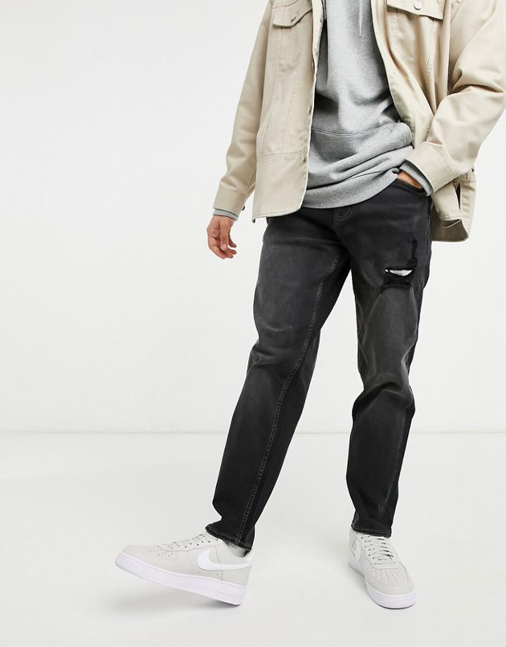 New Look Straight Fit Jeans With Rip In Washed Black