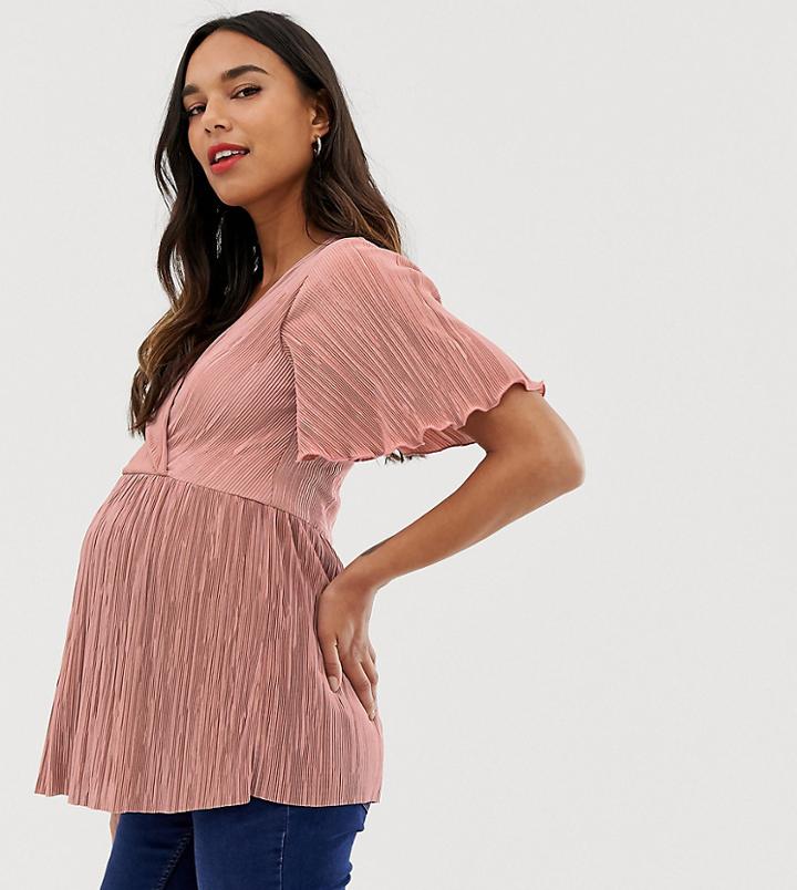 Asos Design Maternity Nursing Plisse Wrap Top With Flutter Sleeve In Dusty Pink