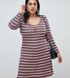 Asos Design Curve Stripe Rib Mini Skater Dress With Button Front - Multi