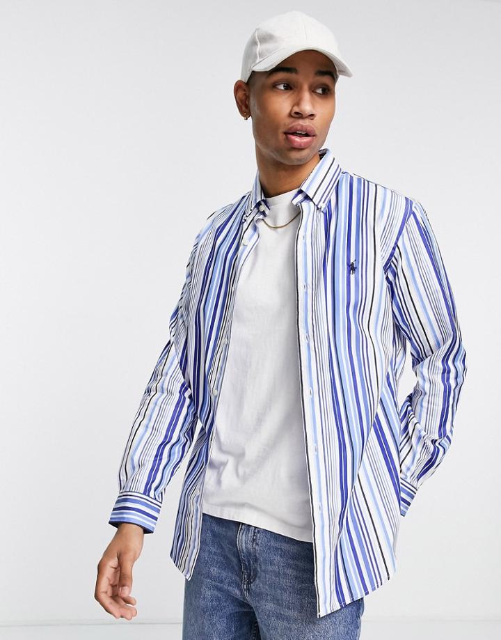 Polo Ralph Lauren Player Logo Multi Stripe Poplin Shirt Custom Fit In Blue