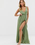 Asos Design Tie Back Cross Front Split Maxi Beach Dress In Khaki - Green