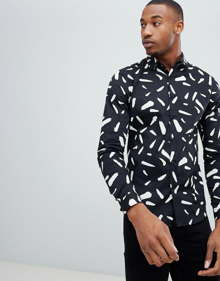Asos Design Skinny Shirt In Black & White Smudge Print - Black