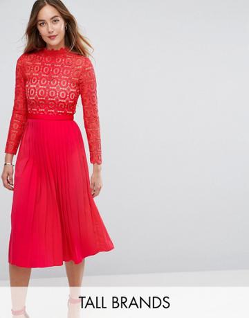 Little Mistress Tall Premium Lace Pleated Midi Dress - Red