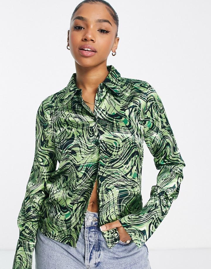 Topshop Swirl Print Slim Satin Cuffed Shirt In Green