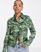 Topshop Swirl Print Slim Satin Cuffed Shirt In Green