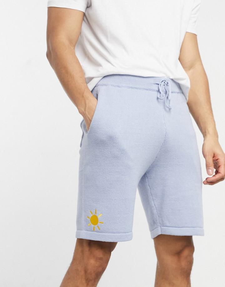 Asos Design Knitted Set Shorts Embroidered Sun In Pale Blue-blues