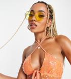 Asyou Front Cross Tie Neck Sequin Top In Orange