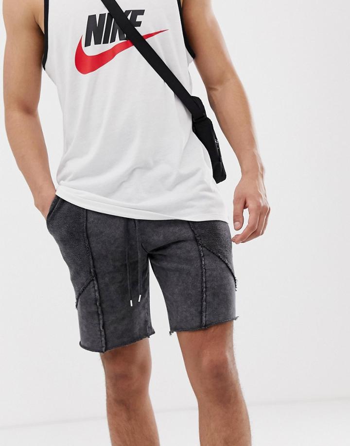Asos Design Jersey Skinny Shorts With Cut And Sew And Acid Wash In Black - Black