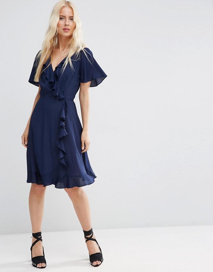 Asos Midi Tea Dress With Ruffle Wrap Front - Navy