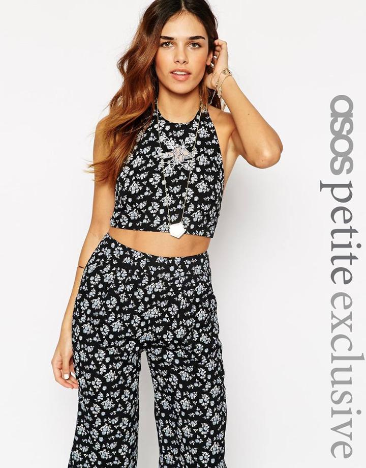 Asos Petite Co-ord Top With Halter Neck In Ditsy Floral With Floral Inserts - Multi