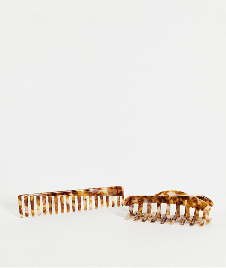 Asos Design Pack Of 2 Hair Claw And Comb In Tort Resin-brown