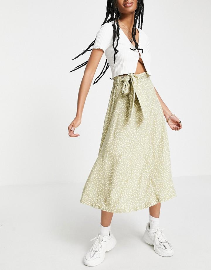 Monki Sissel Tie Midi Skirt In Green Floral