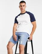 Asos Design White Raglan T-shirt With Contrast Sleeves In Navy