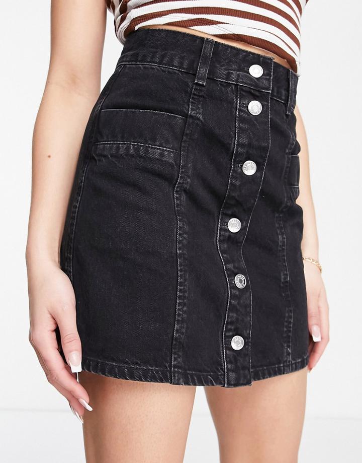 Asos Design Cotton Blend Denim Button Through Skirt In Washed Black - Black