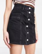 Asos Design Cotton Blend Denim Button Through Skirt In Washed Black - Black
