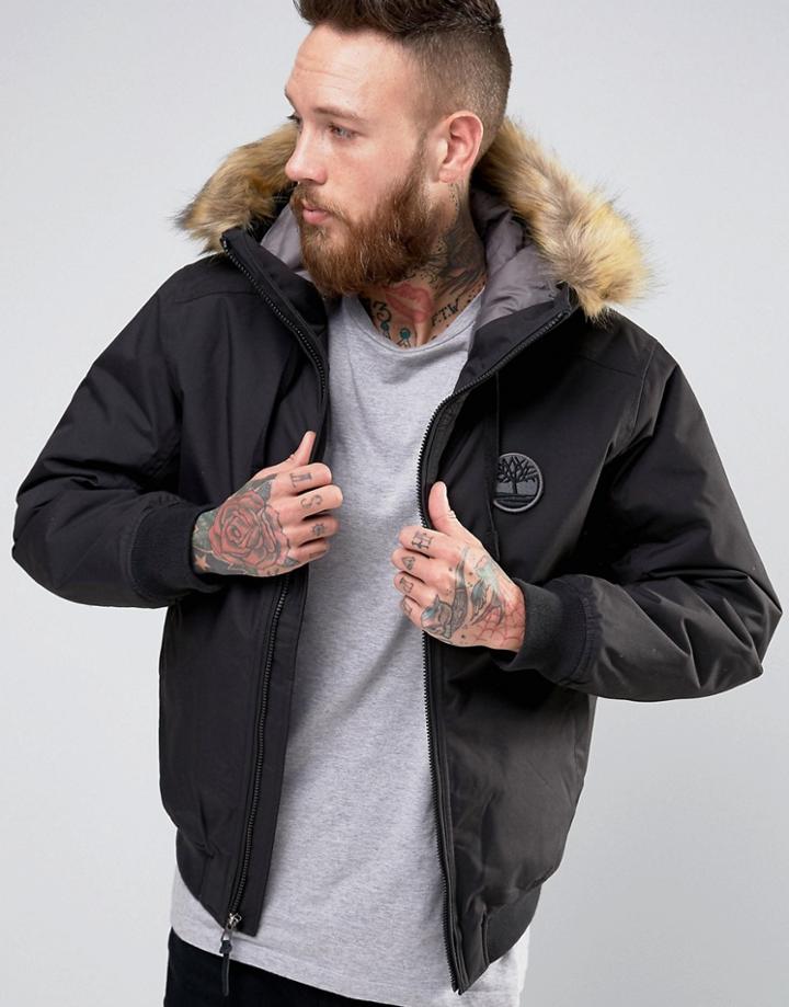 Timberland Hooded Short Parka Detatchable Faux Fur Trim - Black