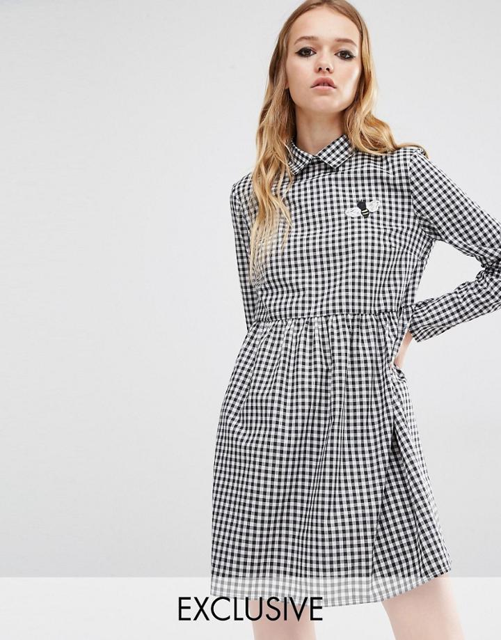 Reclaimed Vintage Gingham Dress With Bumblebee Patch - Black