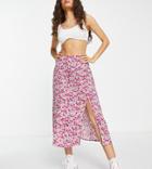 Miss Selfridge Petite Eco Split Button Midi Skirt In Pink Ditsy