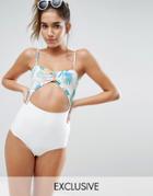 Monki Tropical Bow Front Cutout Swimsuit - Multi