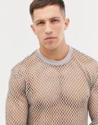Asos Design Relaxed Super Longline Long Sleeve T-shirt In Open String Mesh In Gray - Gray