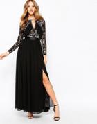Fame And Partners Geo Heartline Lace Panel Long Sleeve Maxi Dress - Black