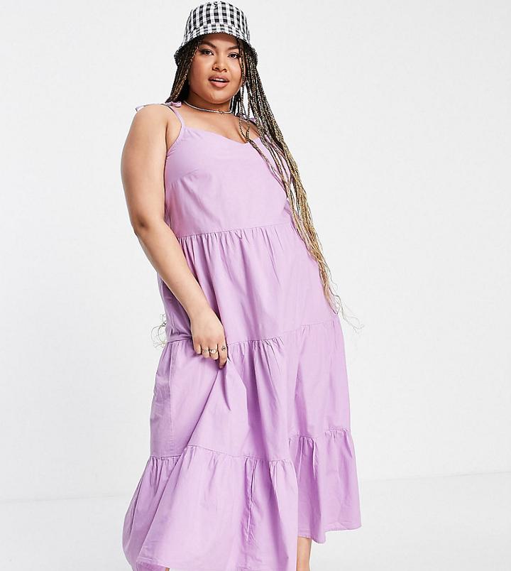 Pieces Curve Strappy Tiered Midi Dress In Lilac-purple