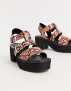 Asos Design Helper Chunky Mid-heeled Sandals In Pink Snake