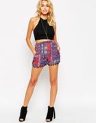 Asos Woven Shorts In Winter Folk Patchwork Print With Pom Poms - Multi