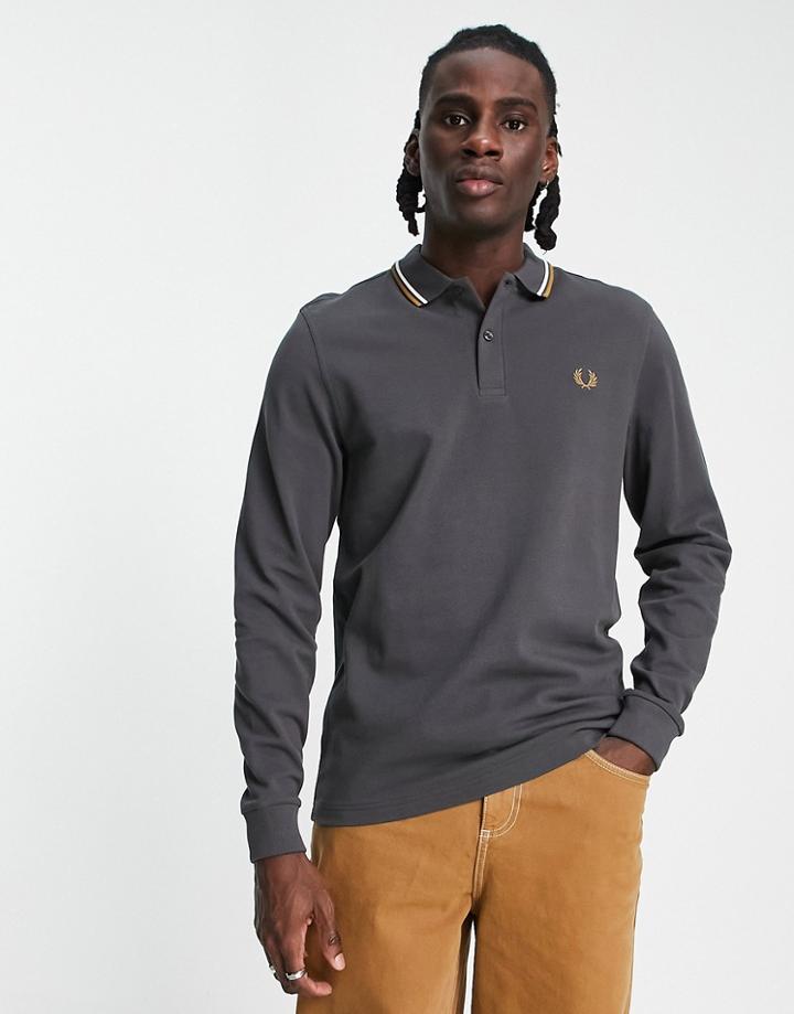 Fred Perry Tipped Long Sleeve Polo Shirt In Gray