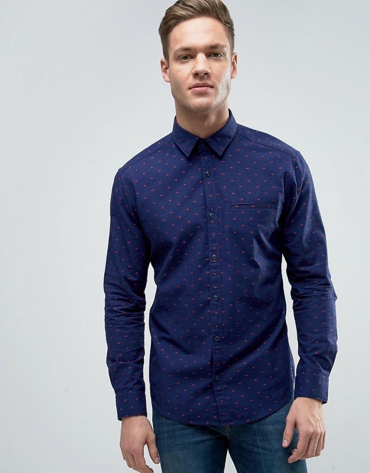 Esprit Shirt In Slim Fit With All Over Ditsy Print - Navy