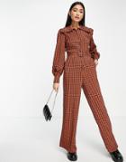 Lola May Ruffle Collar Belted Jumpsuit In Brown Gingham