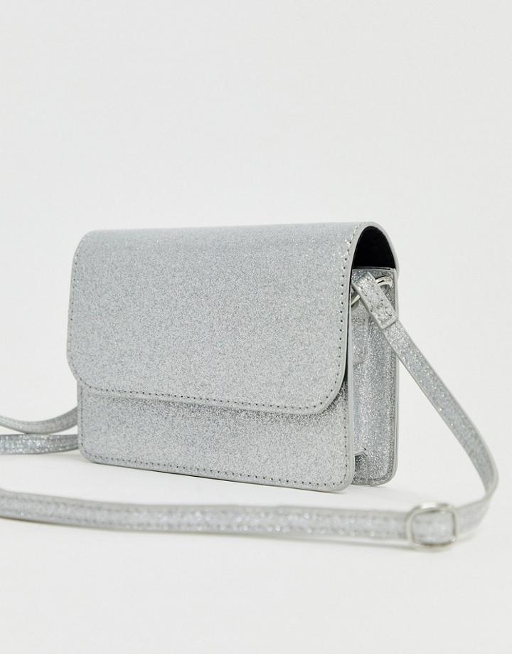 Asos Design Mini Cross Body In Glitter-silver