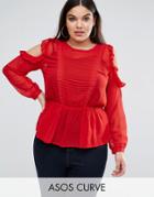 Asos Curve Ruffle Cold Shoulder Blouse With Pintuck Front And Lace Insert - Orange