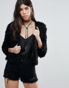 Brave Soul Curly Faux Fur Crop Jacket - Black