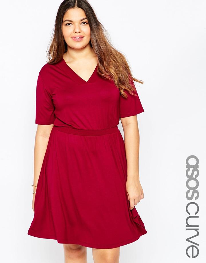 Asos Curve Skater Dress With V Neck & Chunky Rib Detail - Black