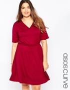 Asos Curve Skater Dress With V Neck & Chunky Rib Detail - Black