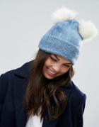 Asos Fluffy Beanie With Double Faux Fur Pom - Blue