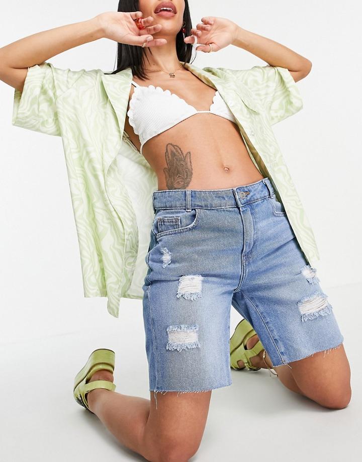 Noisy May Longline Denim Shorts With Distressing In Blue Wash-blues