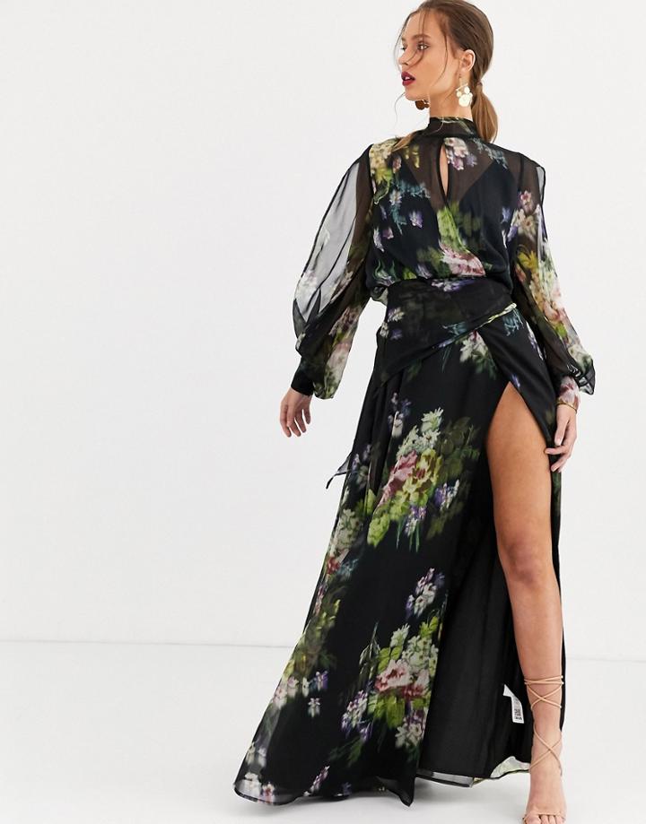 Asos Design Blurred Dark Based Floral Print Maxi Dress