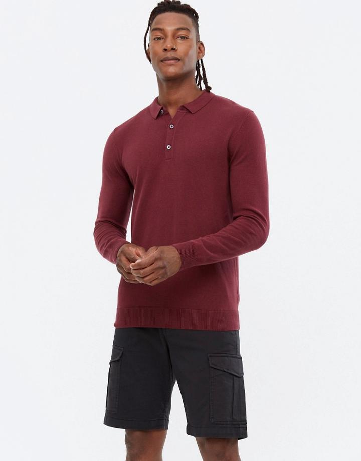 New Look Knitted Slim Polo In Burgundy-red