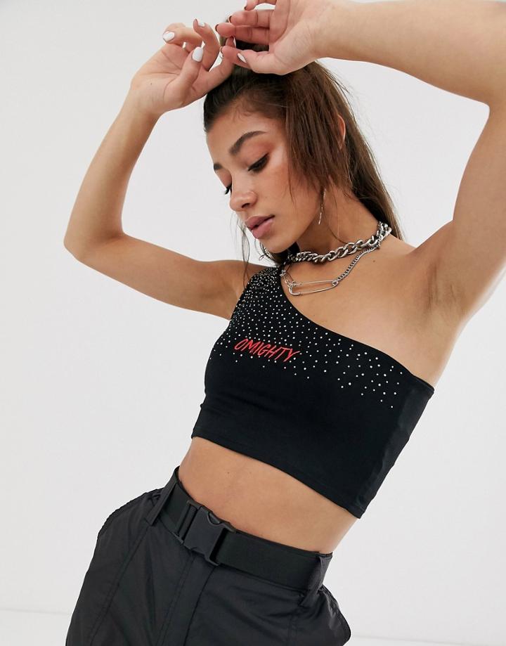 O Mighty One Shoulder Crop Top In Velvet With Rhinestone Detail And Logo Embroidery-black