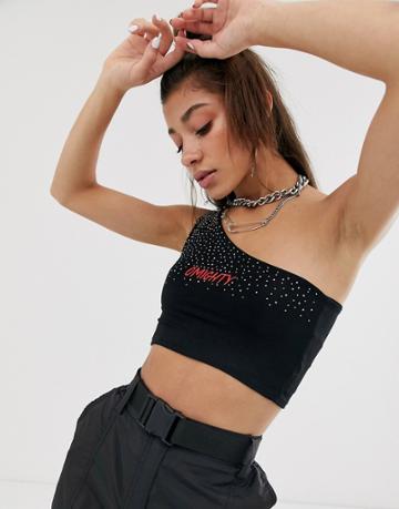 O Mighty One Shoulder Crop Top In Velvet With Rhinestone Detail And Logo Embroidery-black