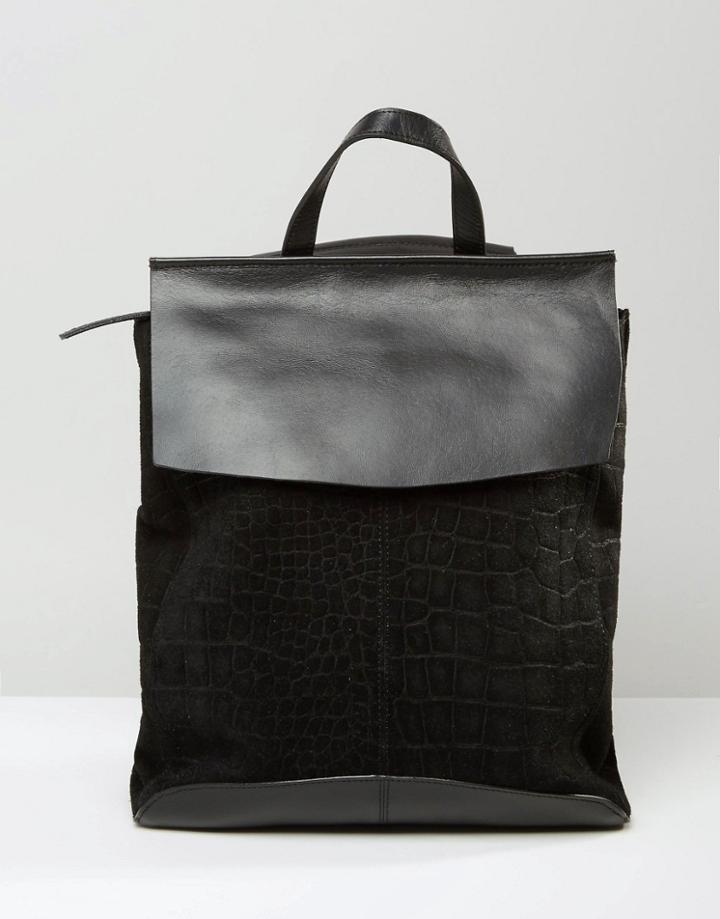 Asos Leather And Suede Croc Embossed Backpack - Black