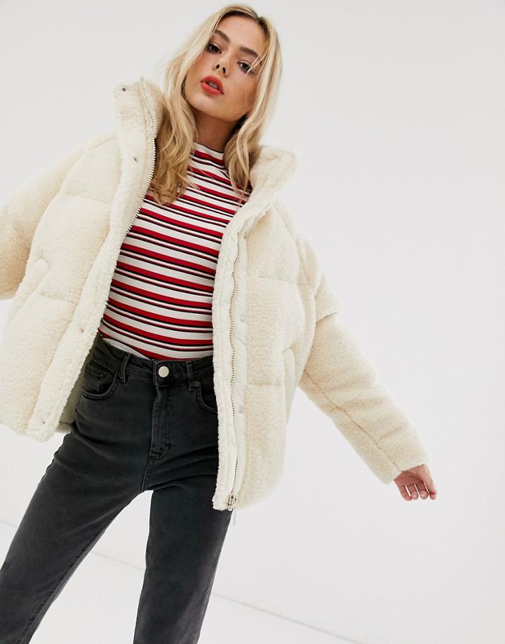 Asos Design Fleece Puffer Jacket In Cream